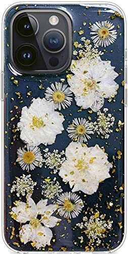 Efitoo Designed for iPhone 14 Pro Case Floral Design Cute Clear Real Dry Pressed Flower Bling Glitter Sparkle Soft Silicone TPU Aesthetic Phone Cover for Women Girls (Gold Flower)