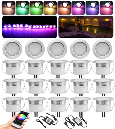 GEYUEYA Home 20er RGBWW Bodeneinbaustrahler Bluetooth Außen, Ø45mm 12V Terrasenbeleutung Einbaustrahler Dimmbar Außen Bodenspots RGB Bodeneinbauleuchten, IP67 Wasserdicht (RGB + Warmweiß)