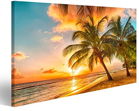 Bild auf Leinwand Schöner Sonnenuntergang Meer Mit Blick Auf Palmen Am Weißen Strand Karibik Insel Barbados Natur Leinwandbild Wandbild Prime Bilder für Wohnzimmer etc.