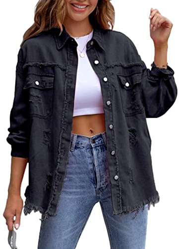 Awoyep Oversized Jeansjacken für Damen, Lose, Langärmlige Jean Jacke mit Modischer Zerrissenheit, Lässige Basic Jeansjacke mit Lange Casual Waschung (Color : Schwarz, Size : M)
