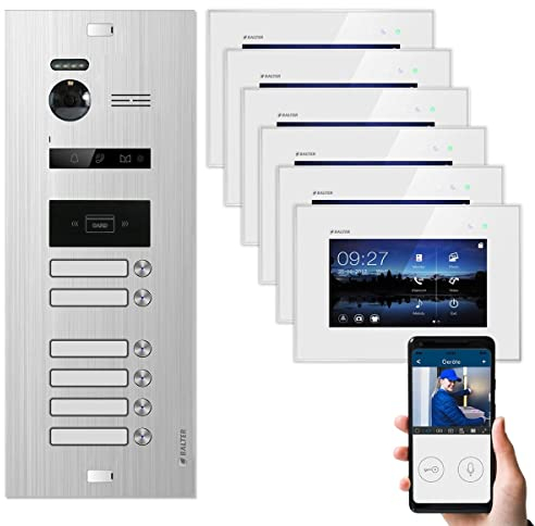 Balter EVO Silver Video-Türsprechanlage 7 WiFi Monitor Touchscreen 2-Draht Bus Komplettsystem für 6 Familienhaus (6x7 WiFi Videostation, Türstation, EVO-C4001 Hauptstromverteiler) App Steuerung