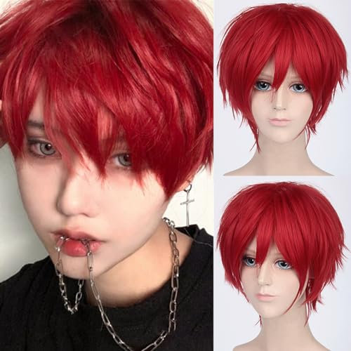 YEESHEDO Kurzhaarperücke, Bob, Anime, Cosplay-Perücke, volle natürliche Schicht, glatt, flauschiges Haar, Kostüm, Party, Kostüm, Perücke für Damen, Herren, Jungen, Mädchen (Rot)