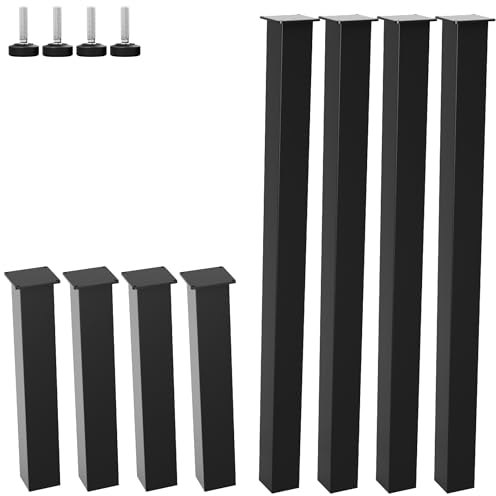 MetaloPro Lot de 4 pieds de table en métal 60 x 60 mm - Pieds de meubles carrés en acier robuste - Pieds de bureau noirs - Protection de sol - Pieds de meubles - Table à manger, salon - Hauteur 90 cm