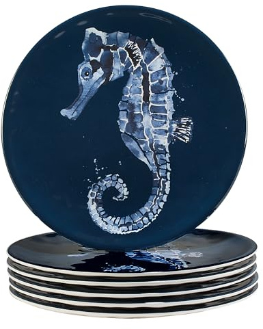 Sea Life Melamin Salat Dessertteller Set 6 Stück - 22,9 cm Wiederverwendbare Küste Strand Haus Geschirr mit Seepferdchen Ozean Druck Nautisch Bruchfest BPA-frei Teller Spülmaschinenfest Outdoor