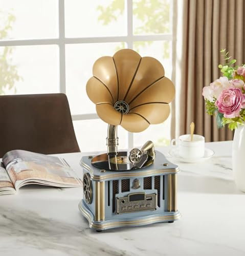 Retro Turntable Gramophone Vinyl Record Player with Built-in Speakers, Bluetooth, Aux-in/USB/FM - Classic Style for Vintage Music Lovers