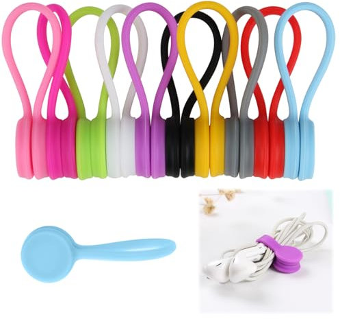 10PCS Magnetic Cable Ties, Multi Coloured Reusable Cable Organisers, Reusable Silicone Cable Ties, Magnetic Cable Clips Cord Straps for Organizing and Bundling Wires, Earphone, Charger (10 Colors)