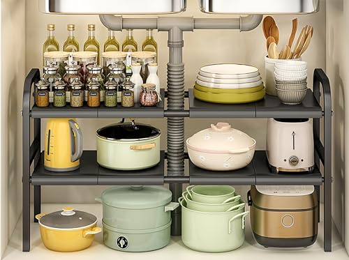 Uwenkjie Estanterias de Almacenaje Debajo del Fregadero, Artículos de Almacenamiento de Cocina, con 8 Tablas de Almacenamiento, Estantes Extensibles de Gabinete, Longitud 53-88