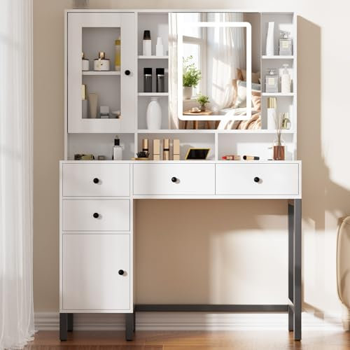 Dressing Table Desk with Lighted Mirror and LED Mirror, Vanity Table with Adjustable Brightness Mirror, Makeup Desk with 4 Drawers and Open Shelves Hidden Shelves Cabinet for Girls