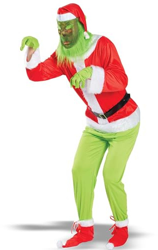 Julgrinch-kostymset. Juldräkt Deluxe. Mössa med mask, kläder, byxor, handskar, bälte, skoöverdrag. Set med 6