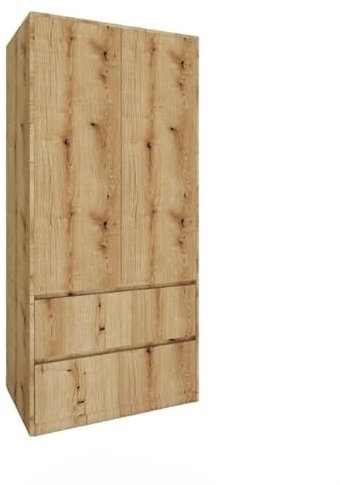 BDW - Kleiderschrank mit Schubladen - Schrank 90 cm breit, 181 cm hoch, 51 cm tief - Flurschrank 2 türig, mit Kleiderstange und Einlegeböden - für Schlafzimmer, Kinder, Flur - Eiche Evoke