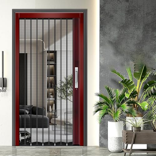 Portable Folding Screen Doors Interior, Pleated Retractable Sliding Door Gate with Mesh for Home/Office/Room Doorway, Waterproof Dustproof RVs Foldable Door - Space Saving(Style-G,80x80in(203.2x203.
