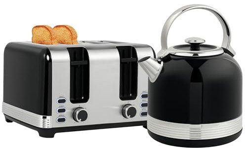HOMCOM Kettle and Toaster Set, 1.7L 3000W Cordless Fast Boil Kettle, Stainless Steel 4 Slice Toaster Kitchen Set with 7 Level Browning Controls, Defrost, Reheat and Crumb Tray, Black