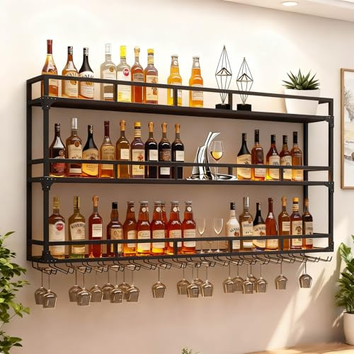 RAJYQODIS Wall Mounted Wine Rack, 3 Tiers Bar Unit Wall Wine Display Racks, Hanging Wine Bottle Metal Display Storage Organizer,for Dining Room, Kitchen, Living Room (black, 120cm)