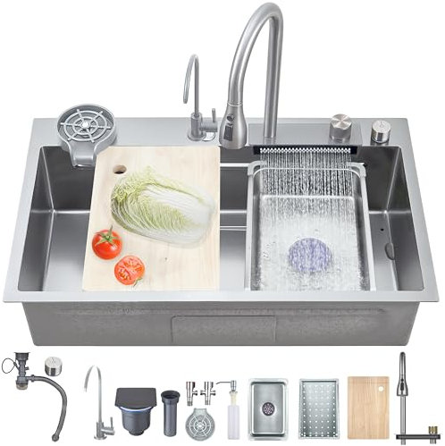 Ribanedy fregadero cascada multifuncional 68 x 45 cm, gris pistola, fregadero cocina 1 seno inoxidable con grifo rociador abatible, lavavasos y set de accesorios