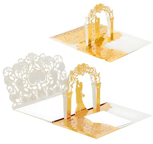 2 PCS Goldene 3D Pop-Up Hochzeitskarte – elegante Glückwunschkarte & romantische Pop-Up Karte, Pop Up Karte Hochzeit mit Brautpaar-Motiv, Laser-Cut Klappkarte 12,5x18 cm mit Einlegekarte und Umschlag