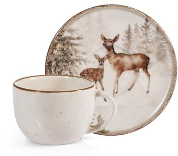 H&H Set 4 Tazze Caffè Magical Deer mit Untertassen, 115 ml – Elegante Teetassen aus Steinzeug mit Hirsch-Motiv, Perfetto für Winter & Berghäuser
