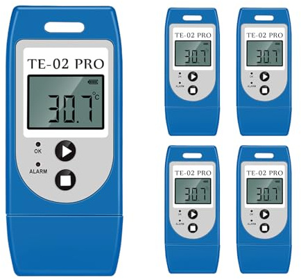5-Pack TE-02 Pro Temperatur Logger mit Rückverfolgbarer Kalibrierung, Apotheken-Kühlschrankthermometer, Wiederverwendbarer USB-Recorder mit LED-Alarm, Temperaturmess-Kit für Medizinische Lagerung