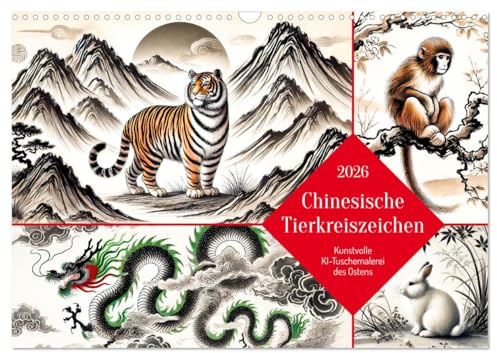 Chinesische Tierkreiszeichen - Kunstvolle KI-Tuschemalerei des Ostens (Wandkalender 2026 DIN A3 quer), CALVENDO Monatskalender: Tauchen Sie ein in die ... meisterhafter Tuschekunst. (CALVENDO Kunst)