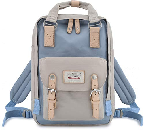 Himawari School Functional Travel Waterproof Backpack Bag for Men & Women | 14.9x11.1x5.9 | Holds 13-in Laptop (Beige & Blue)
