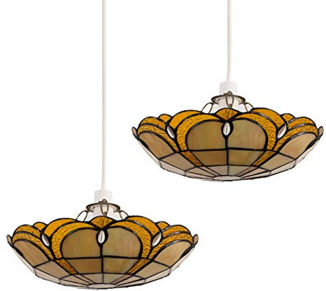 MiniSun | Tiffany Style Amber Jewelled Glass Uplighter Design Ceiling Light Shades | Pendant Lights, Home Décor & Improvement Essential | Set of 2 | Includes 10W LED GLS Bulbs | 300mm Shade Width