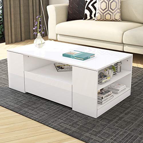 Couchtisch, Couchtisch mit Stauraum, Hochglanz Couchtisch für Wohnzimmer Rechteckiger Mitteltisch mit 2 Schubladen und 5 Offenen Regalen, Home Office Möbel 95 x 55 x 37 cm (Weiß)