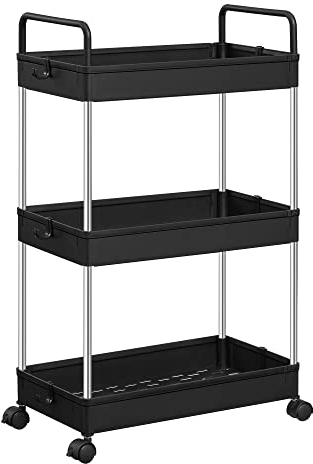 SONGMICS Rollwagen, Küchenwagen mit 3 Ebenen, Griffen, Küchenregal auf Rollen, 23,6 x 42 x 67,6 cm, schwarz KSC019B01