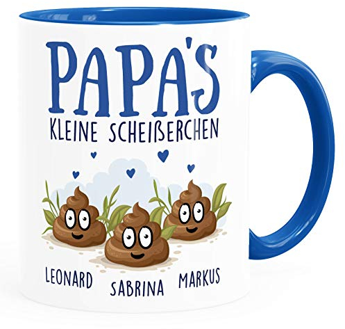 MoonWorks® Tasse personalisiert Papa's kleine Scheißerchenbis zu 4 anpassbare Namen Kackhaufen Geschenk Vatertag 3 Kinder royal Keramik-Tasse