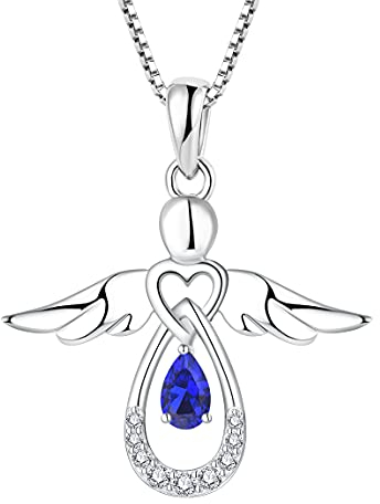 FJ Damen Kette Schutzengel Anhänger Halskette 925 Sterling Silber Engel Kette Saphir September Geburtsstein Halskette Schmuck Geschenke für Frauen Mädchen