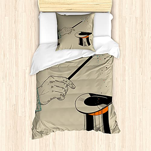 ABAKUHAUS la Magie Ensemble de Housse de Couette, Magicien Baguette Magique et Chapeau, Décoratif 2 Pièces avec 1 Taie d'oreiller, 135 x 200 cm - 80 x 80 cm, Noir foncé Coquille d'oeuf