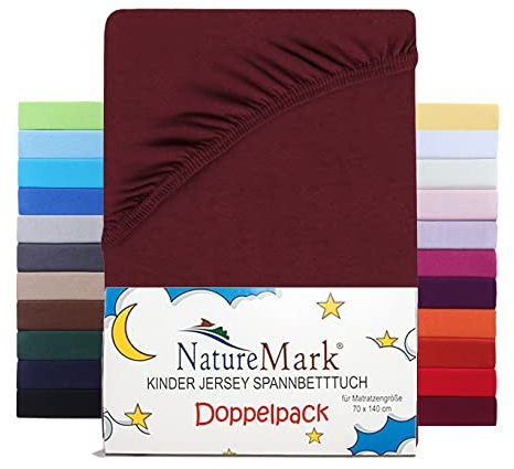 NatureMark 2er Set Kinder Spannbettlaken Jersey, Spannbetttuch 100% Baumwolle, für Babybett und Kinderbett | 70x140 cm - Bordeaux rot