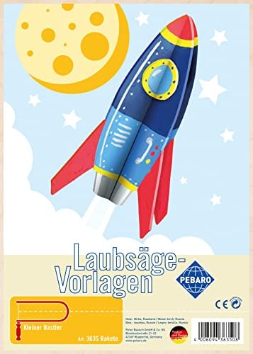 Pebaro 363S Laubsägevorlage Rakete, 3mm Sperrholz DIN A 4, Motiv vorgedruckt, aussägen mit Laubsägebogen, basteln, anmalen, fertig, Laubsägen, Basteln mit Holz, Geschenkidee