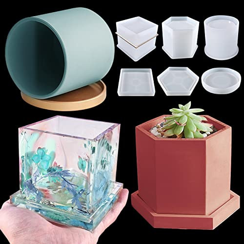 3 Sets Large Silicone Plant Molds, Container Coaster Resin Concrete Mold, Cylinder Cube Hexagon Silicone Mold for Candle Vessel Succulent Planter Pot Pen Holder Jar, Handmade Crafts Supplies