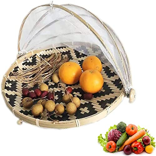 CAOLIN Panier à Fruits Tressé,Corbeille A Fruit Bambou Avec Gaze Grand Plateau Rond Moustiquaire Cloche Alimentaire de Pique-Nique Antipoussière Tissé La Main Corbeille En Osier
