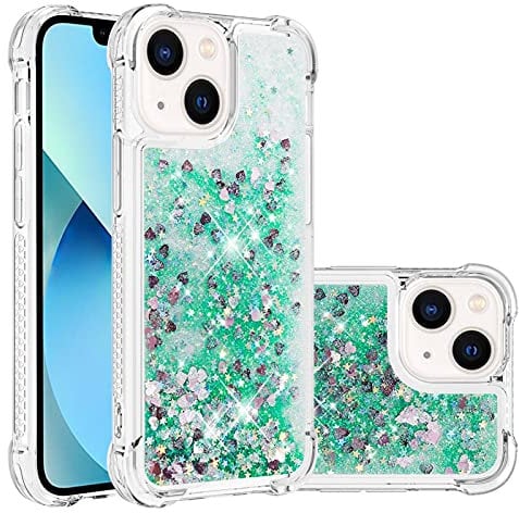 IMIRST Silicone Phone Case for Apple iPhone 13, Corner Airbag Fall Protection Bling Glitter Quicksand Liquid Sparkle TPU Case Cover for Apple iPhone 13. YBW Love Green