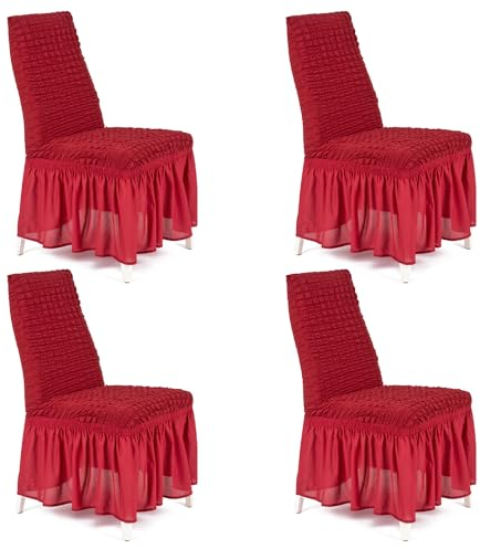 My Palace Stuhlhussen Bianca - mit Rüschen 4er Set elastische Stretch Hussen für Esszimmerstühle abnehmbare und waschbare Stuhlbezüge Chair Cover, Stuhl-Sitzbezug, Stuhlüberzüge rot weinrot