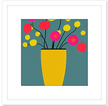 Wee Blue Coo Striking Modern Abstract Boho Flowers In Vase Illustration Square Wooden Framed Wall Art Print Picture 8X8 Inch