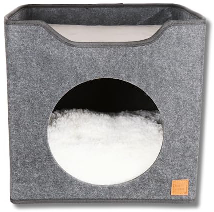 Otto & Scout Premium Grey Recycled Felt Cat Bed, Washable Cushion, Fits Ikea® Units | Foldable, Strong, Comfortable 2-in-1 Cat Cube (Round Hole)