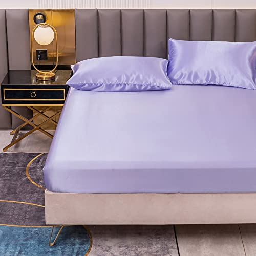 Satin Spannbettlaken Einfarbig 200x220 cm für Matratzen bis 30cm, Betttuch Leintuch Weiche Polyester-Satin Spannbetttuch Bettlaken Lavendel