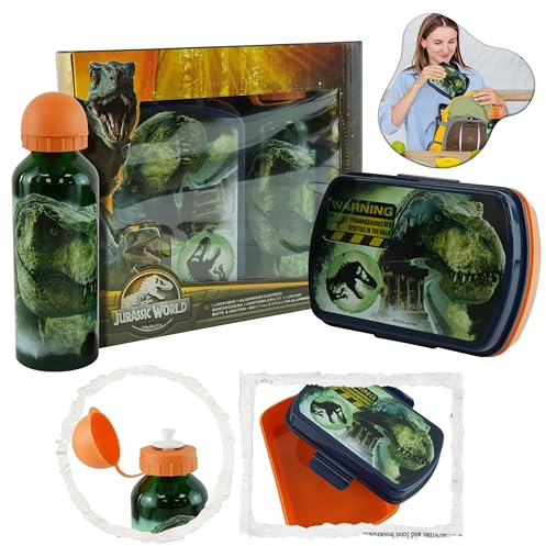 2Pk Jurassic bouteilles d'eau pour enfants 500ml et 20cm Boîte à lunch en plastique pour bouteille d'eau de sport en aluminium Cadeau pour l'école et les pique-niques 3+