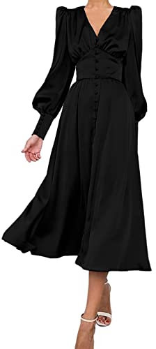 xxxiticat Women's Satin Midi Dress Long Sleeve Vintage Puff Sleeves Maxi Dresses Ruffle Single Breasted Button Down Plain Dress, black, L