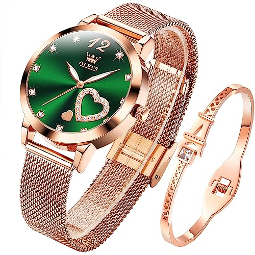 OLEVS Damenuhr Roségold mit Herz Diamant Grün Gesicht Armbanduhr wasserdicht Armreif Armband Set Armbanduhren für Damen