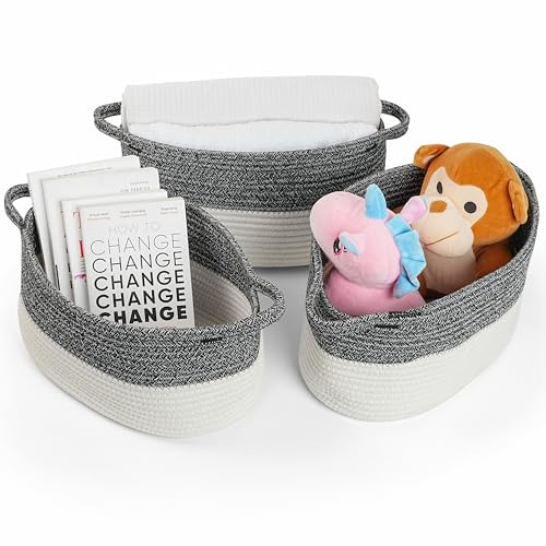 Winter Shore Korb Geflochten [3er-Pack] - Weiche Körbe Aufbewahrung aus Polyester-Baumwollseil für Bad, Küche, Kinder-, Schlaf- & Wohnzimmer - Für Spielzeug, Haustierbedarf, Badeartikel - Grau & Weiß