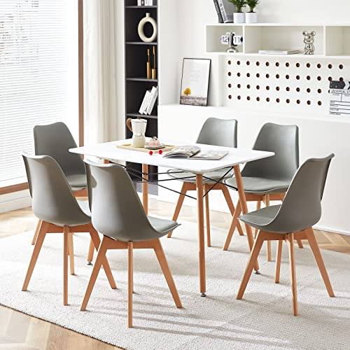 H.J WeDoo Esszimmermöbel-Set, 6 skandinavische Stühle und rechteckige Tische für Haus, Büro, Küche, Balkon – Weiß Tisch + graue Stühle
