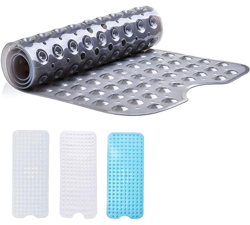 Hafaa Shower Mat Non Slip Anti Mould - 100x40cm Bath Mat with Suction Cups Grip and Drain Holes PVC Rubber Shower Mats Grey - Soft Touch Bathroom Mat Machine Washable