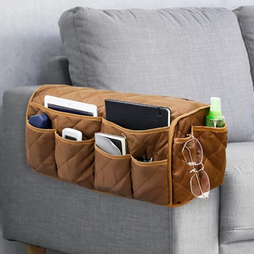 DECKALY Sofa-Armlehnen-Organizer, rutschfest, für Sessel, Nachttisch, Aufbewahrung, Organizer für Liegestuhl, Couch mit 14 Taschen für Handy, TV, Fernbedienung, Zeitschriften (braun)