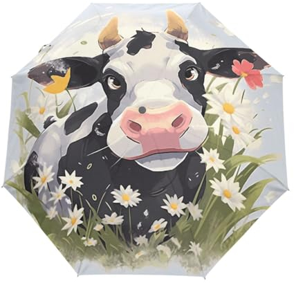 GAIREG Regenschirm, Motiv: süßer Kuh und Gänseblümchen, winddicht, automatisches Öffnen und Schließen