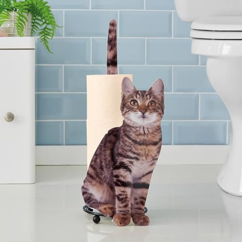Coopers of Stortford - Cat Toilet Roll Holder for Kitchen or Bathroom - Die-Cut Iron Design with Photo-Realistic Cat - Holds Spare Rolls H45cm - Simple Self-Assembly