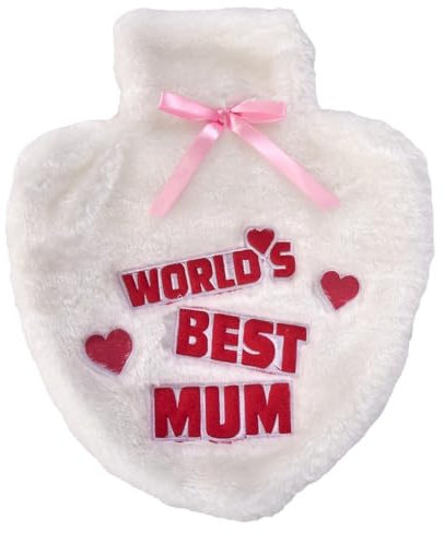 K Collection World's Best Mum Hot Water Bottle - Natural Rubber Heart Shaped HWB with Supersoft Faux Fur Cover - 1 Litre