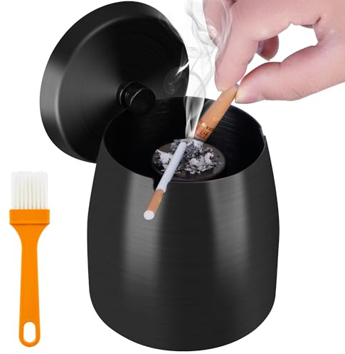 QGUOO Cendrier Exterieur Inoxydable - Cendrier Avec Couvercle Incassable, Cendrier Anti Odeur Noir, Cendrier Fermé Inox Anti Peinture