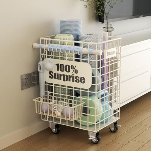 Yogamatten-Aufbewahrungskorb Großes Fassungsvermögen Metall Utility Cart mit 4 Rädern Bewegliche Workout-Ausrüstung Organizer Box für Kettlebells, Yogamatten und Bälle ( Color : With Hooks , Size : L1